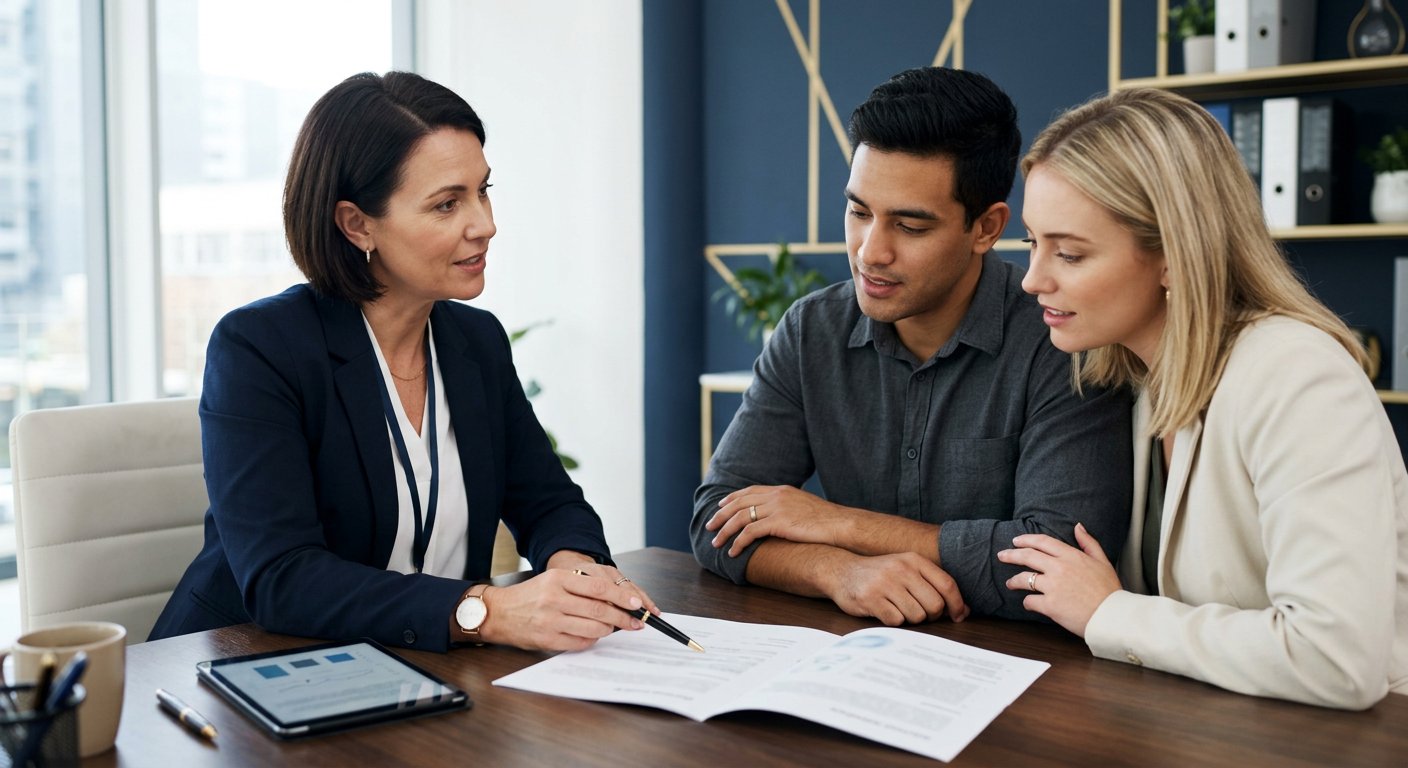Consultant explaining auto insurance policy coverage to clients
