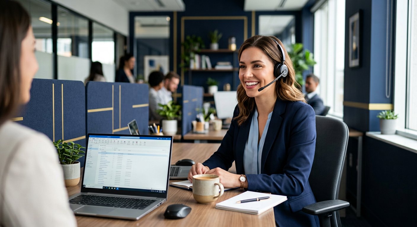 Friendly support specialist with headset assisting a client